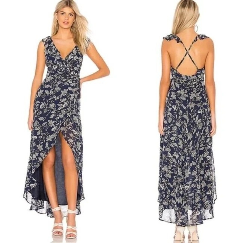 BB Dakota RSVP Kelli Dress Size 4 Blue White Floral Ruffle Wrap Long Casual Maxi